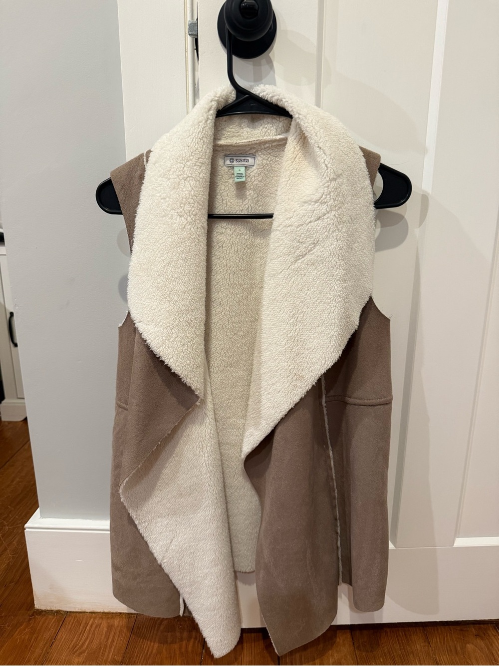 Soft Faux-Shearling Drape Vest - Taupe/White